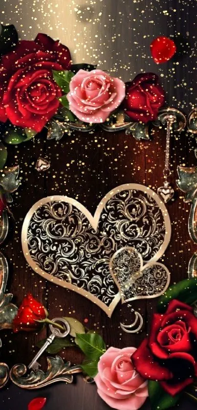 Romantic wallpaper with roses and heart.