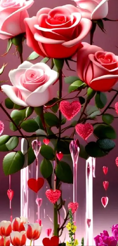 Mobile wallpaper with pink roses and hearts.
