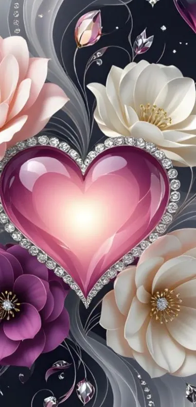 Romantic floral heart wallpaper with vibrant blooms.
