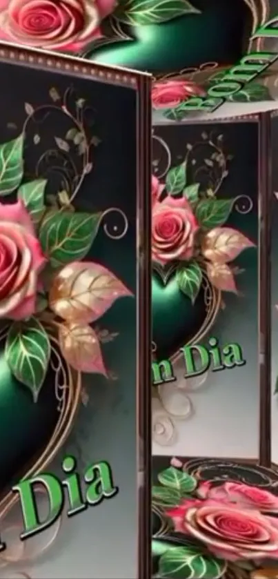 Romantic floral wallpaper with hearts and roses.