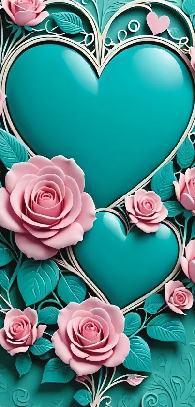 Romantic wallpaper with turquoise hearts and pink roses.
