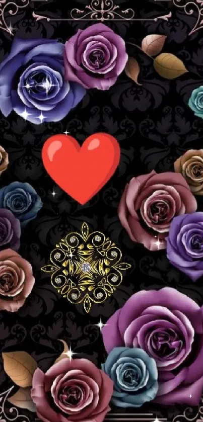 Wallpaper with roses and heart design on black background.