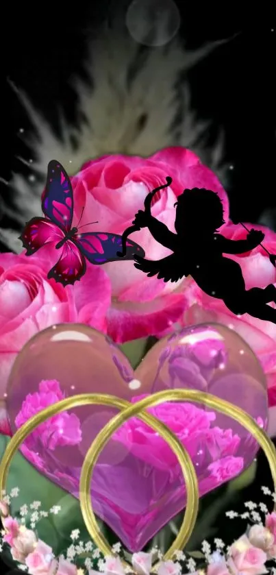 Romantic wallpaper with roses, butterfly, and cupid silhouette.