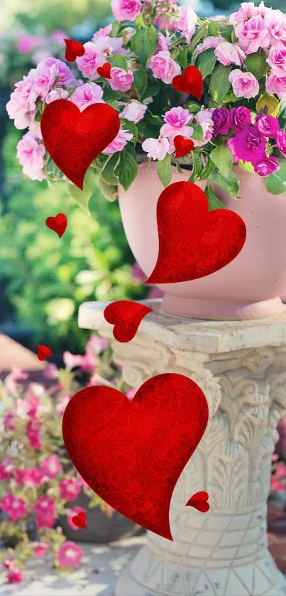 Romantic wallpaper with pink flowers and red hearts.