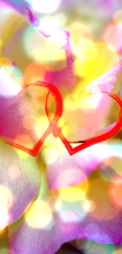 Colorful floral wallpaper with red hearts and bokeh effect.