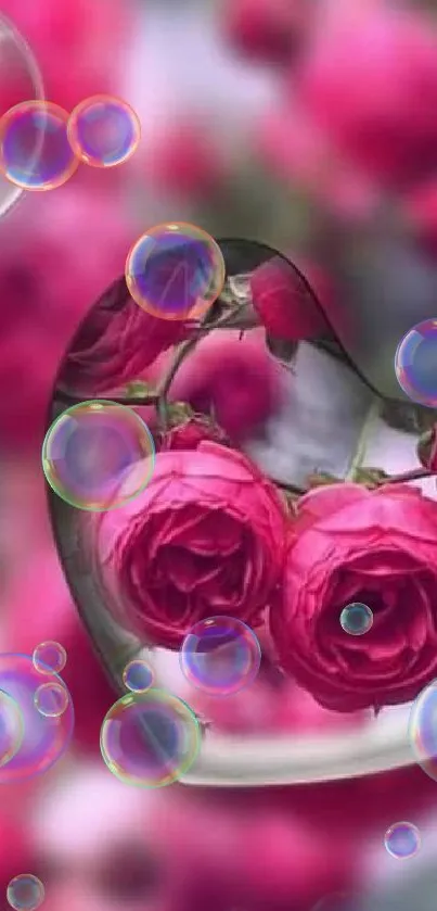 Heart-shaped pink roses with bubbles on a floral background.