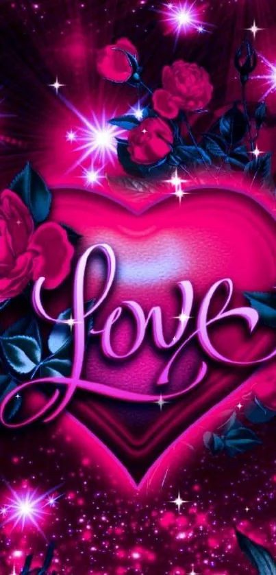 Romantic mobile wallpaper with pink heart and roses.