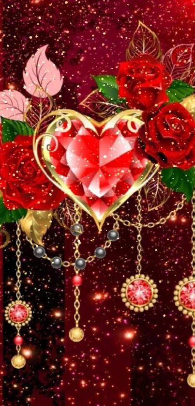 Romantic wallpaper with red roses and a jeweled heart.