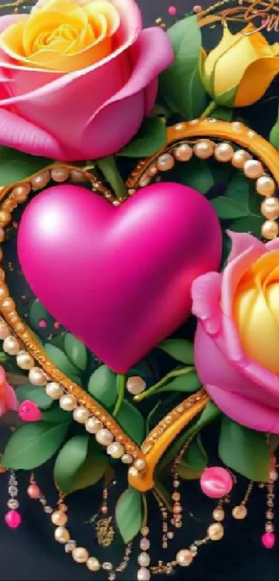 Vibrant rose heart wallpaper with pearls.