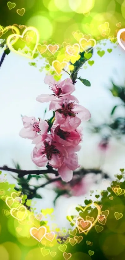 Romantic floral wallpaper with pink flowers and green hearts.