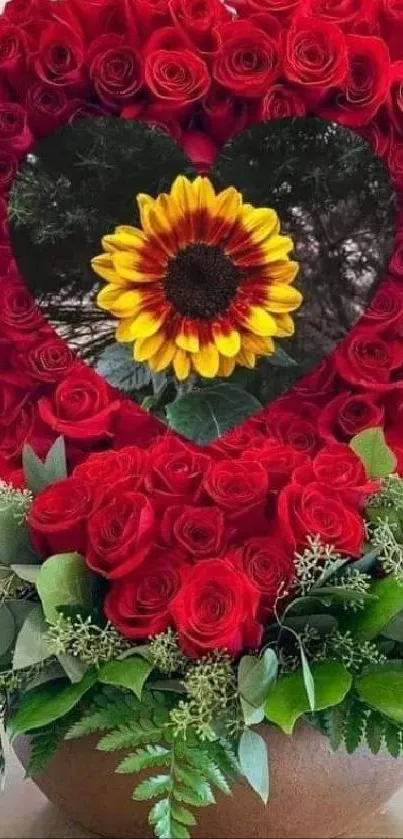 Heart-shaped red rose bouquet with a sunflower center.