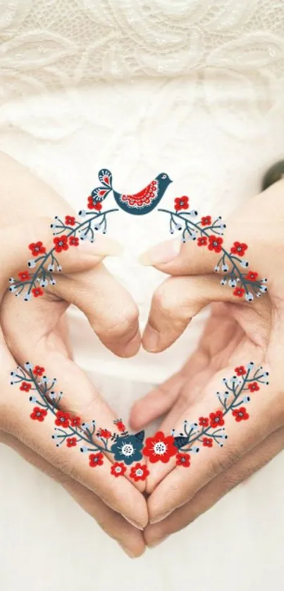 Romantic floral heart with hands forming a heart shape.