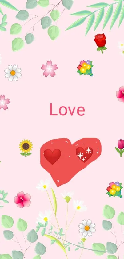 Romantic floral heart wallpaper with pink background featuring flowers and leaves.