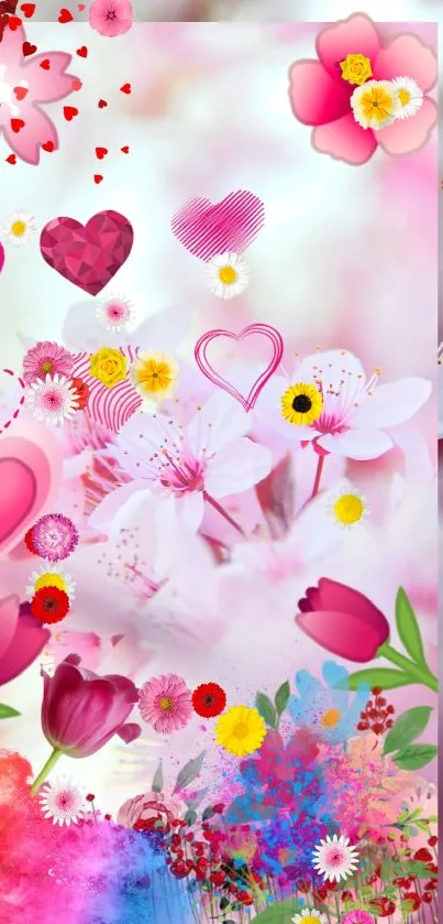 Romantic mobile wallpaper with pink flowers and hearts.