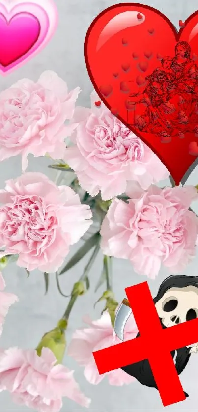 Romantic mobile wallpaper with pink carnations and heart graphics.