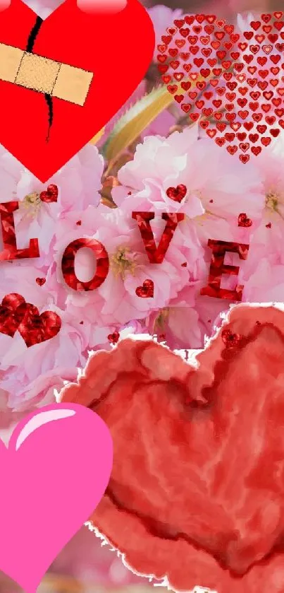Romantic heart and flower wallpaper with pink blossoms and love symbols.