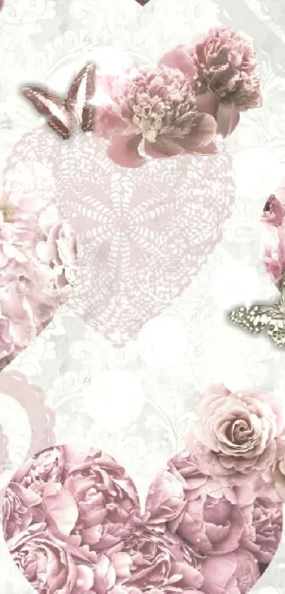 Romantic floral heart wallpaper with butterflies in soft pink and cream hues.