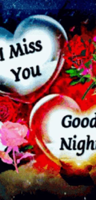 Romantic floral heart wallpaper with 'I Miss You' and 'Good Night' messages.