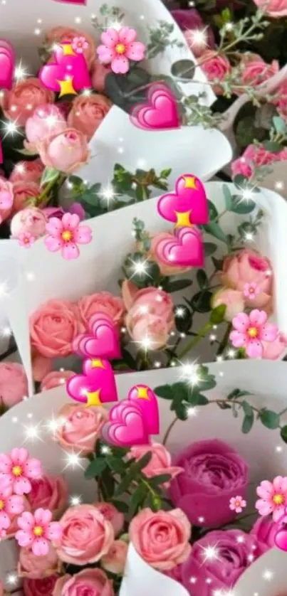 Pink floral wallpaper with heart emojis.