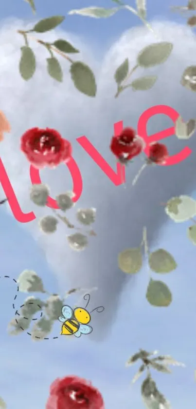 Heart-shaped cloud with flowers and 'love' text on blue background.