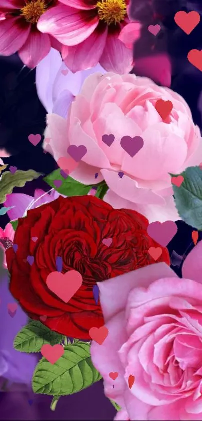 Romantic wallpaper with vibrant roses and colorful heart shapes.