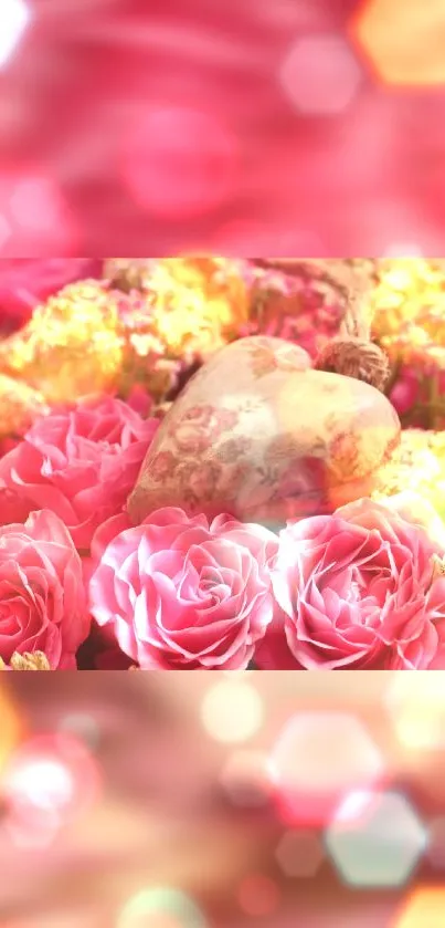 Heart among pink roses with a bokeh effect, offering romantic vibes.