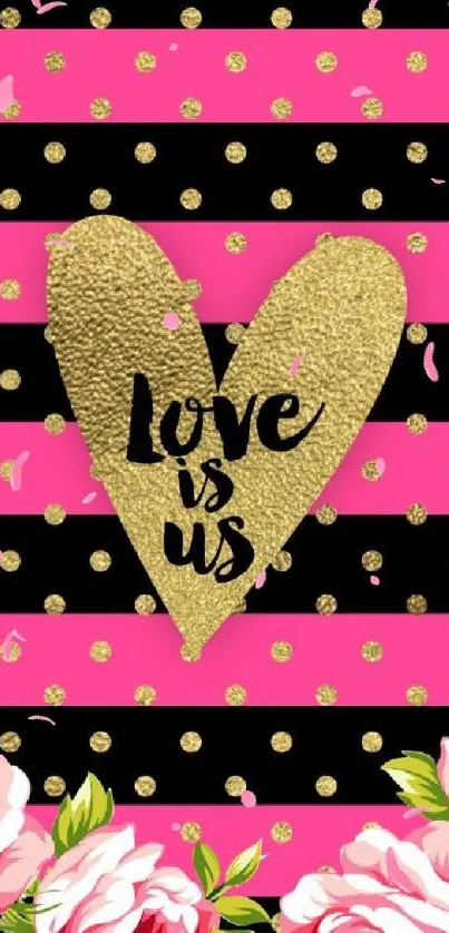 Romantic floral wallpaper with pink, gold, and black striped heart design.