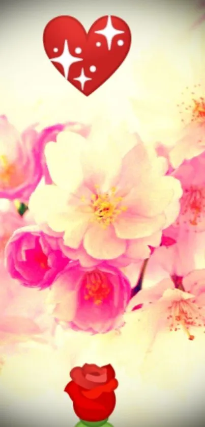 Romantic wallpaper with pink blossoms and a heart.