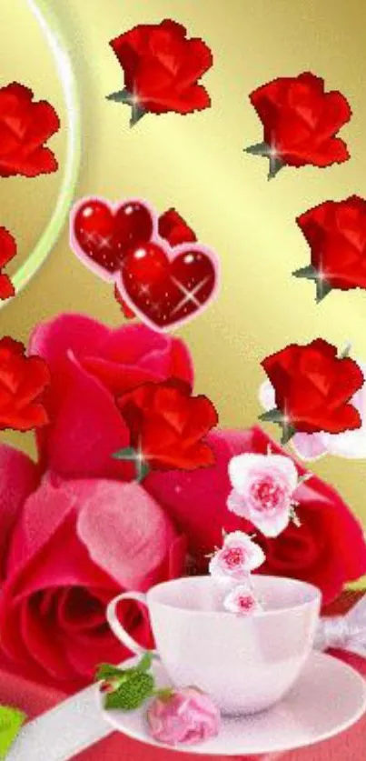 Romantic wallpaper with red roses and hearts.