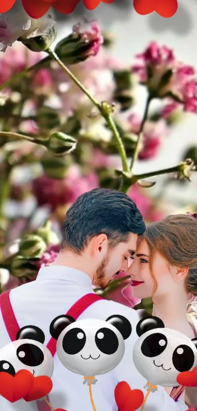 Loving couple with flowers and cute panda balloons.