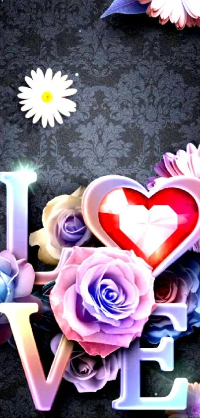 Romantic wallpaper with colorful flowers and love letters.