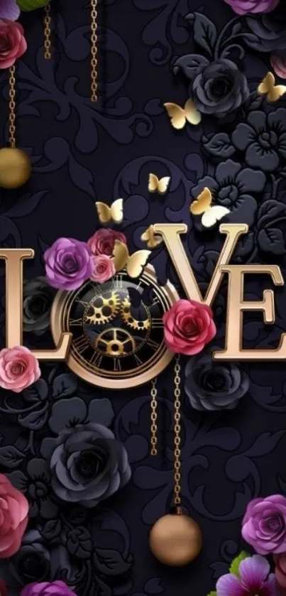 Romantic love wallpaper with roses and gears on dark floral background.