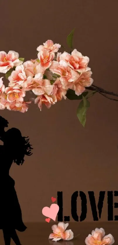 Romantic floral wallpaper with couple silhouette and love text.