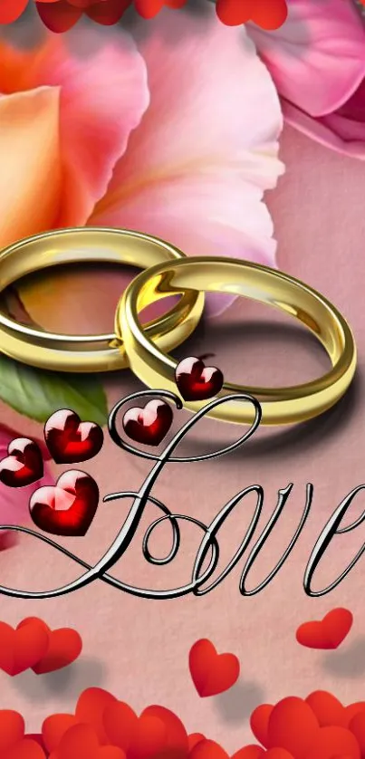 Romantic mobile wallpaper with golden rings and floral design.