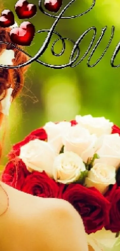 Bride with flowers in her hair and roses in a romantic setting.