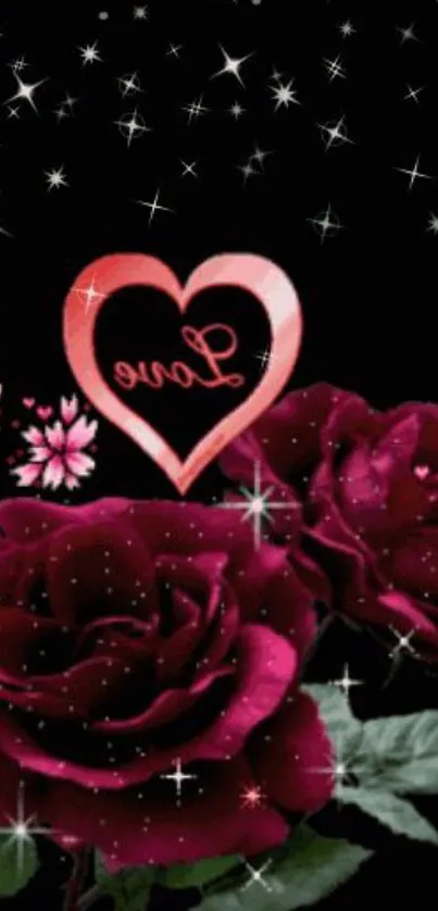 Romantic roses and love heart wallpaper with sparkling stars.