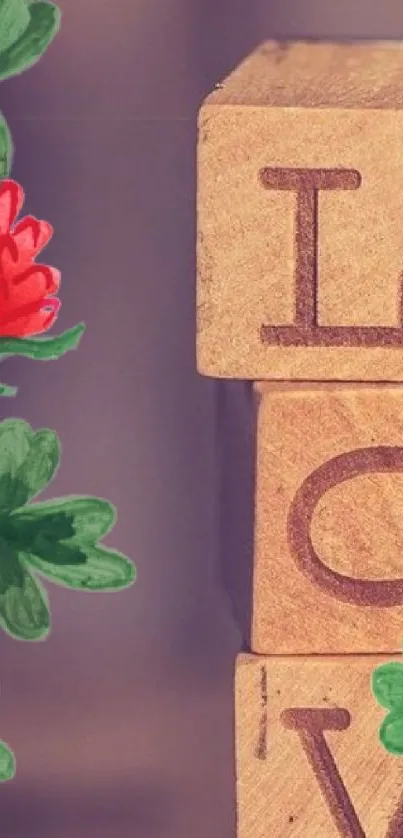 Romantic wallpaper with love blocks and floral accents.