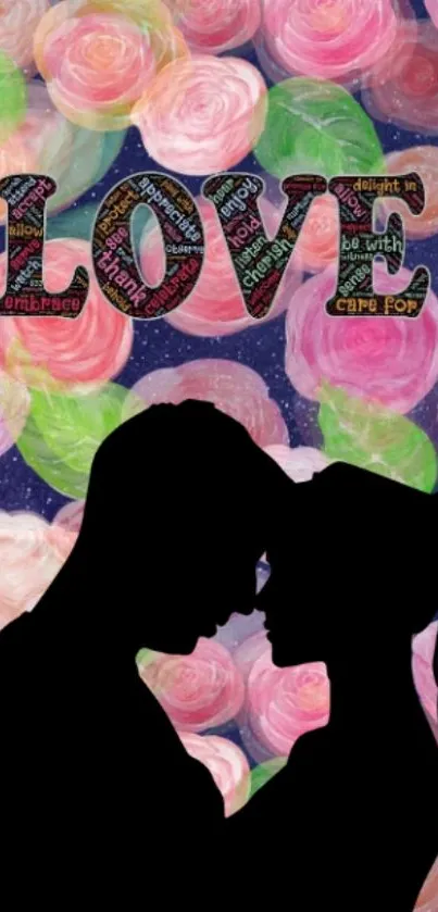 Silhouette of a couple with a love-themed, colorful floral background.