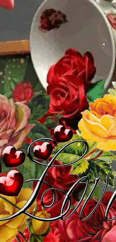 Romantic wallpaper with roses and love script.