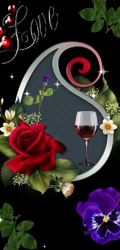 Romantic floral wallpaper with roses, leaves, and wine glass on dark background.