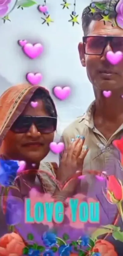 Romantic couple surrounded by flowers and hearts with 'Love You' text.