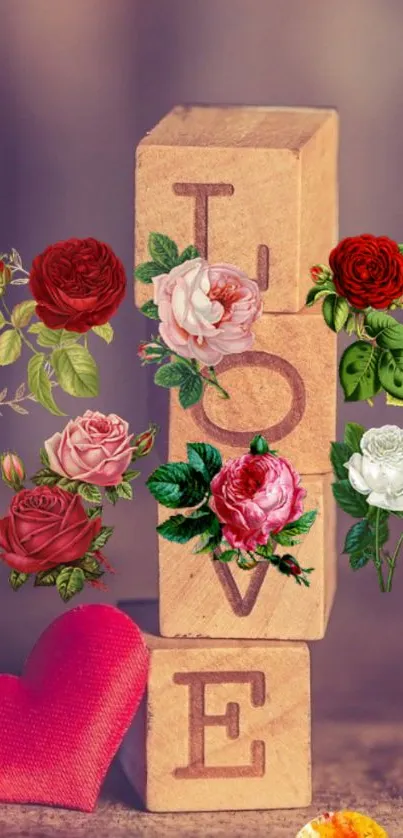 Romantic floral wallpaper with roses and LOVE wooden blocks.