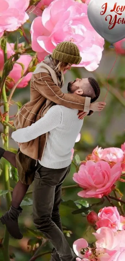 Couple embraces among pink flowers with a love balloon.