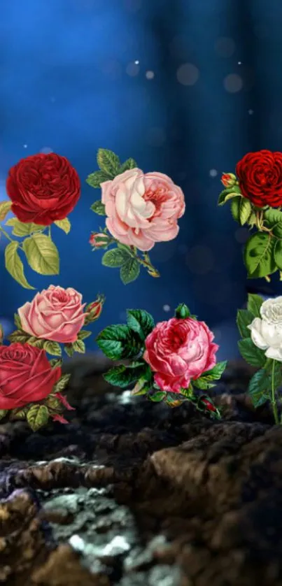 Romantic floral wallpaper with colorful roses on a dark background.