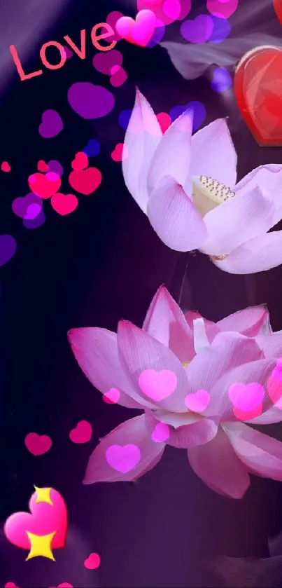 Pink lotus flowers with hearts and love text on a purple background.