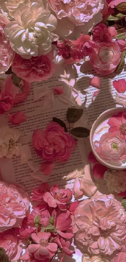 Pink roses scattered on open book pages creating a romantic wallpaper.