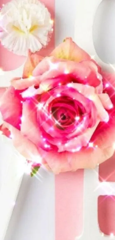 Romantic floral wallpaper with a pink rose and sparkling effects.