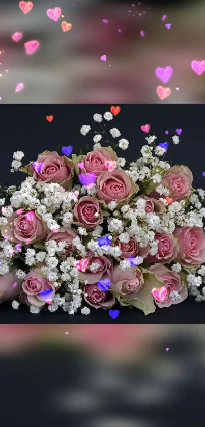 Bouquet of pink roses and white flowers on a dark background.