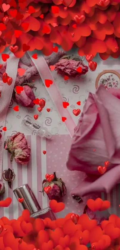 Romantic floral wallpaper with pink roses and red hearts on striped background.