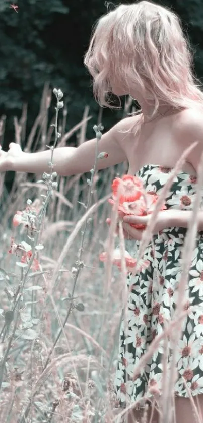 Woman in floral dress standing in a meadow holding pink flowers.